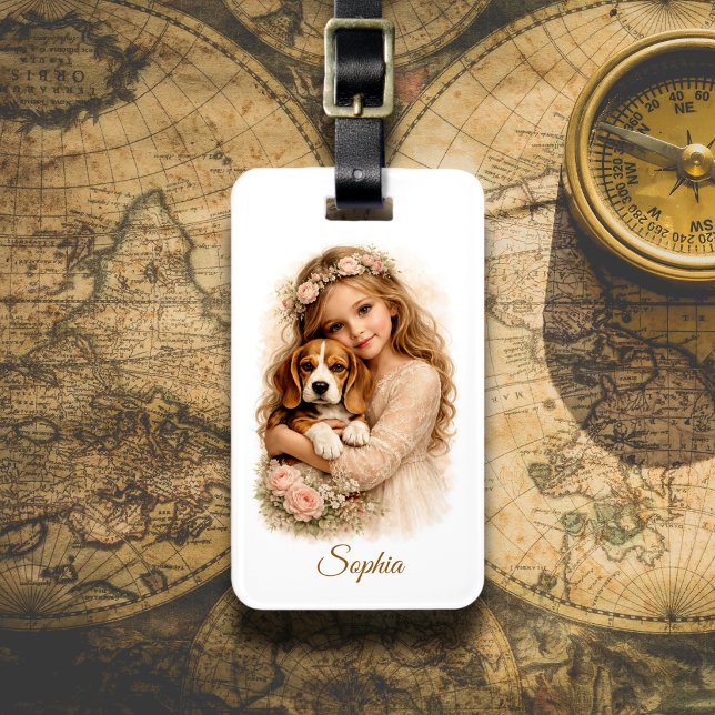 Girl with Beagle Puppy Bagagebricka (Skapare uppladdad)