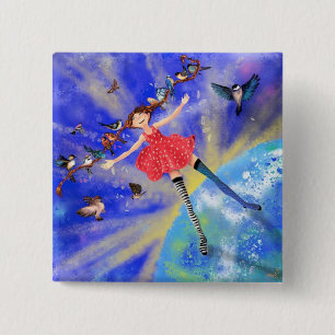 Girl with Birds Button Fantasy Knapp