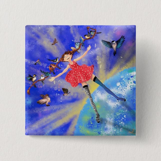Girl with Birds Button Fantasy Knapp (Framsida)