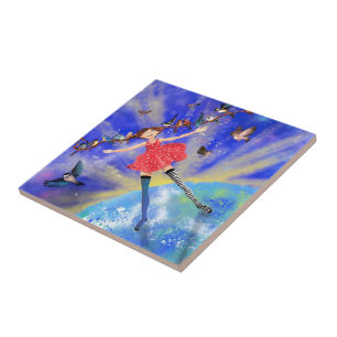 Girl with Birds Ceramic Tile Fantasy Kakelplatta