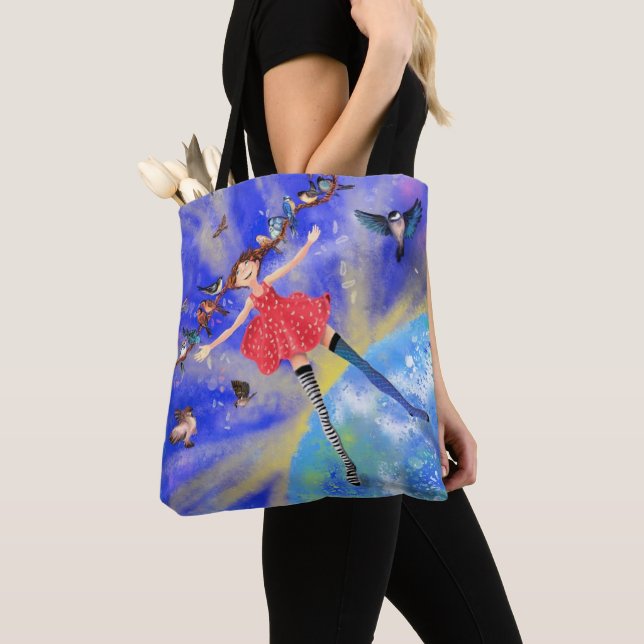 Girl with Birds Tote Bag Fantasy Tygkasse (Närbild)