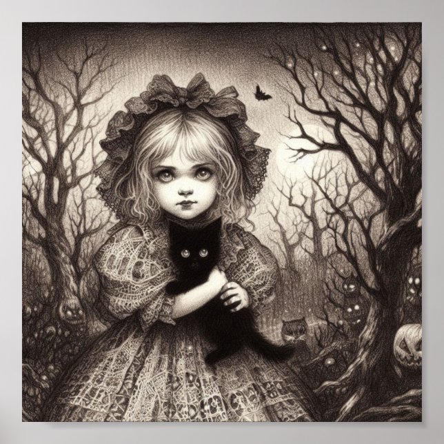 Girl with Black Kitten Spooky Retro Halloween Poster (Framsidan)