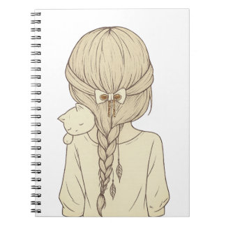 Girl with Braid and Cat Illustration – Soft Pastel Anteckningsbok