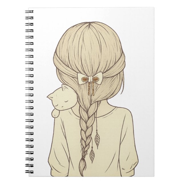 Girl with Braid and Cat Illustration – Soft Pastel Anteckningsbok (Framsidan)