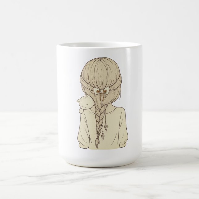 Girl with Braid and Cat Illustration – Soft Pastel Kaffemugg (Center)