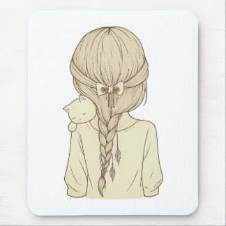Girl with Braid and Cat Illustration – Soft Pastel Musmatta
