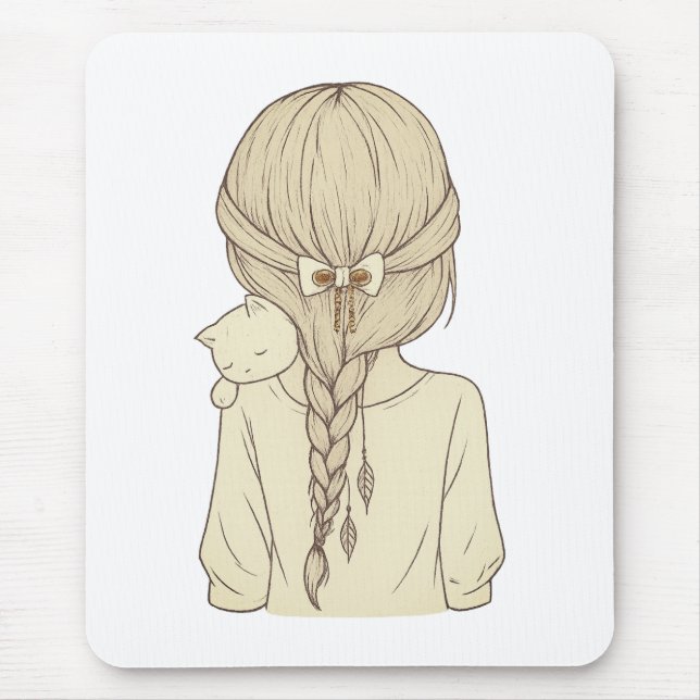 Girl with Braid and Cat Illustration – Soft Pastel Musmatta (Framsidan)