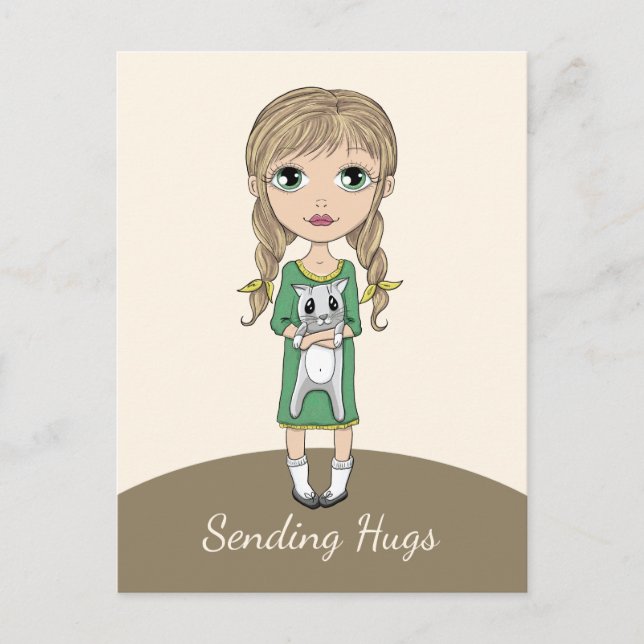 Girl with Cat Sending Hugs Vykort (Framsida)