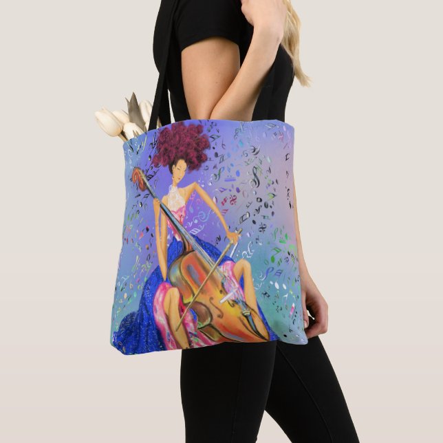 Girl with Cello Musical Tote Bag Fantastic Melody Tygkasse (Närbild)