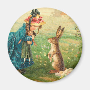 Girl with Doll and Rabbit Vintage Påsk Magnet