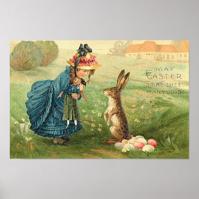 Girl with Doll and Rabbit Vintage Påsk Poster (Framsidan)