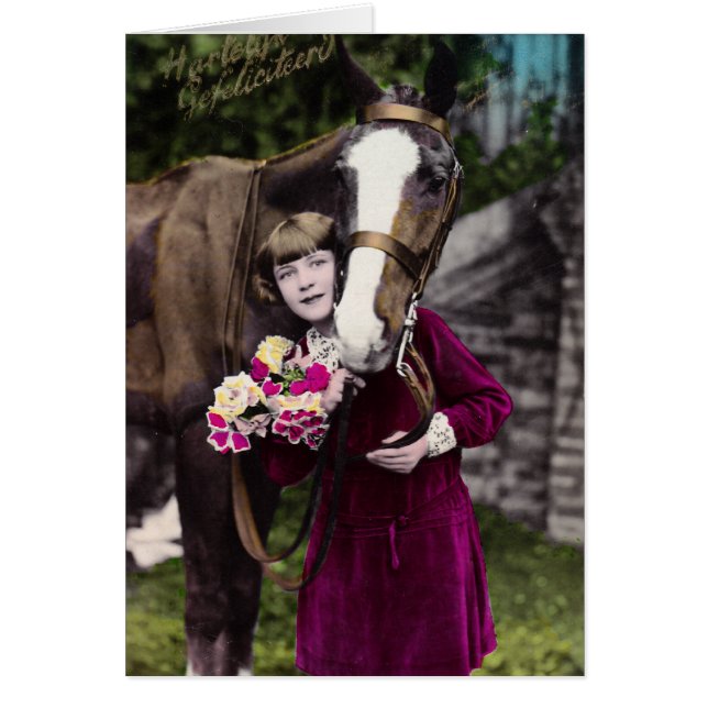 Girl with Flowers and a Chestnut Horse Hälsningskort (Framsidan)