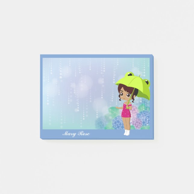 Girl with Frog Parbrella & Hydrangea Flowers Blue Post-it Block (Framsida)