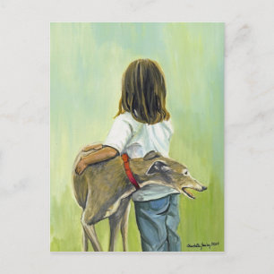 "Girl with Greyhound" Hund Art Postcard Vykort