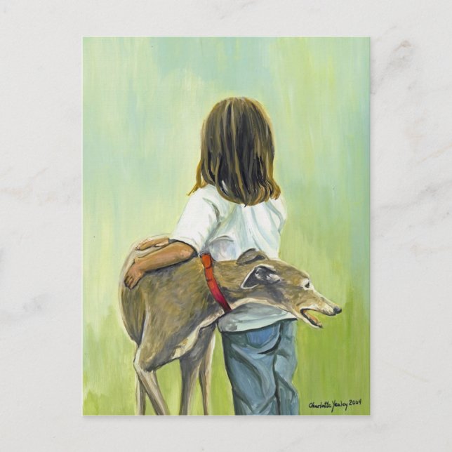 "Girl with Greyhound" Hund Art Postcard Vykort (Framsida)