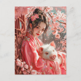 Girl with Gris Chinese Zodiac Art Vykort
