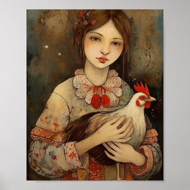 Girl with her Pet Chicken Ai Art Poster (Framsidan)