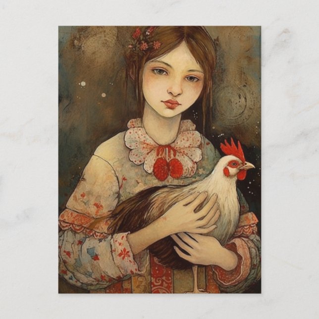 Girl with her Pet Chicken Ai Art Vykort (Framsida)