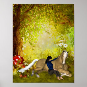 Girl with Horse Flowers Fantasy Art Poster