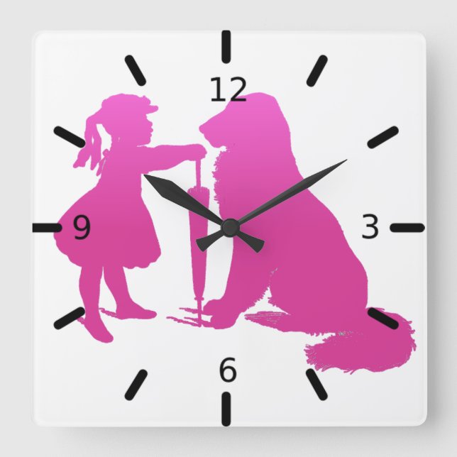 Girl with Hund Nursery Silhouette Gradient Rosa Ar Fyrkantig Klocka (Framsida)