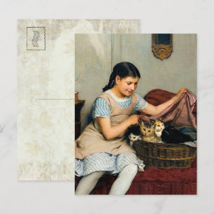 Girl with Kittens in Basket by Albert Anker Vykort