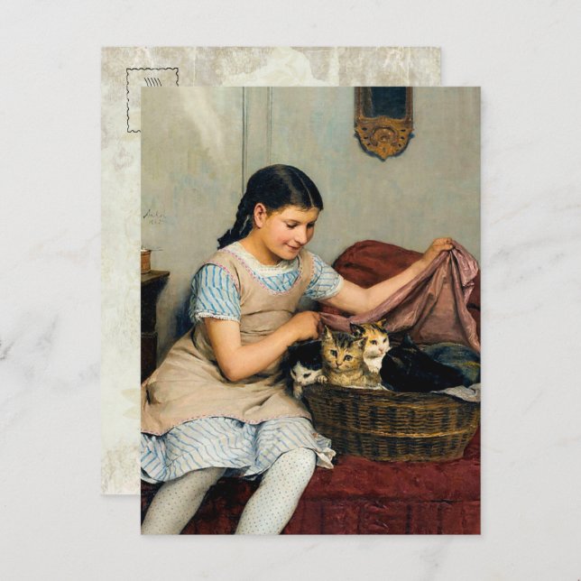 Girl with Kittens in Basket by Albert Anker Vykort (Fram/baksida)