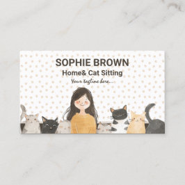 Girl with Kittens Watercolor Cat and Home Sitta Visitkort