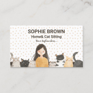Girl with Kittens Watercolor Cat and Home Sitta Visitkort