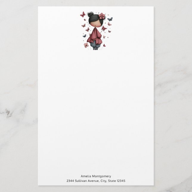 Girl with Magic Wand and Butterflies Cute Brevpapper (Framsida)