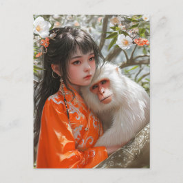 Girl with Monkey China Zodiac Art Vykort