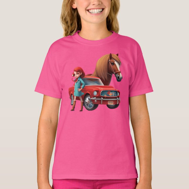 Girl with Mustang Car Horse T Shirt (Framsida)
