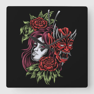 Girl with Oni Mask Fyrkantig Klocka