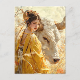 Girl with Ox Chinese Zodiac Art Vykort