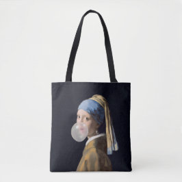 Girl with pearl earring blowing a bubble gum tygkasse