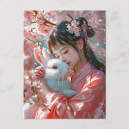 Girl with Rabbit China Zodiac Art Vykort