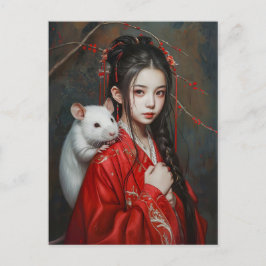 Girl with Råtta Chinese Zodiac Art Vykort