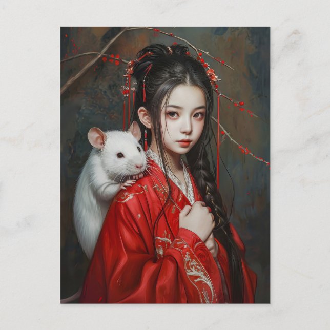 Girl with Råtta Chinese Zodiac Art Vykort (Framsida)