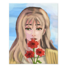 Girl with Red Flowers Handdraw Digital Art