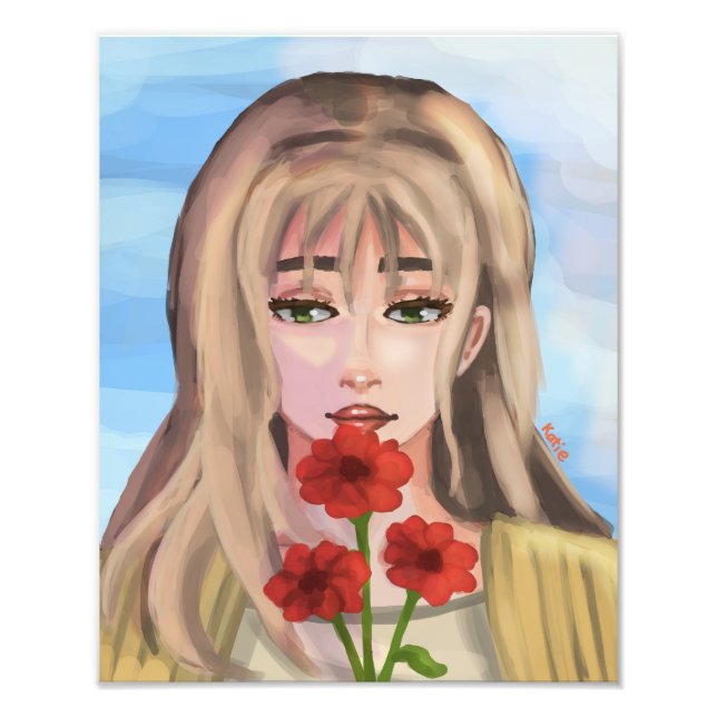 Girl with Red Flowers Handdraw Digital Art Fototryck (Framsidan)