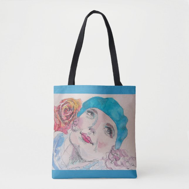 Girl with Röd ros Watercolor Livsmedel Tote Bag Tygkasse (Framsida)