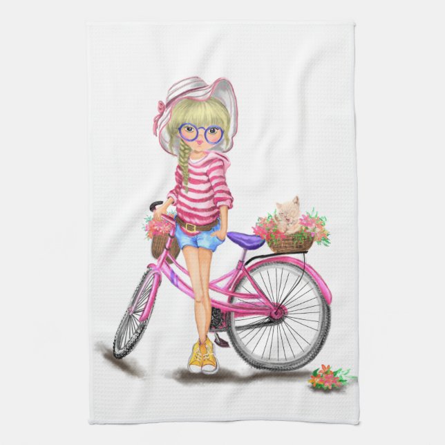 Girl with Rosa Bike Kitchen Towel Kökshandduk (Vertikal)