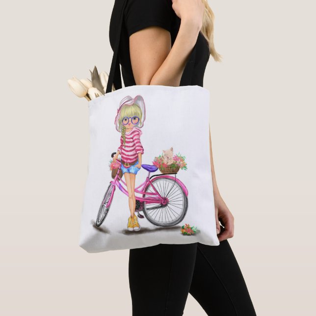Girl with Rosa Bike Tote Bag Tygkasse (Närbild)
