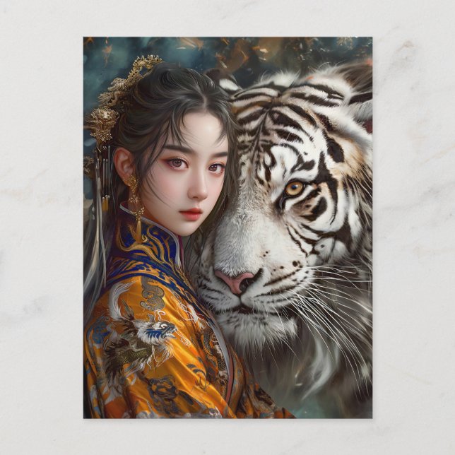 Girl with Tiger China Zodiac Art Vykort (Framsida)
