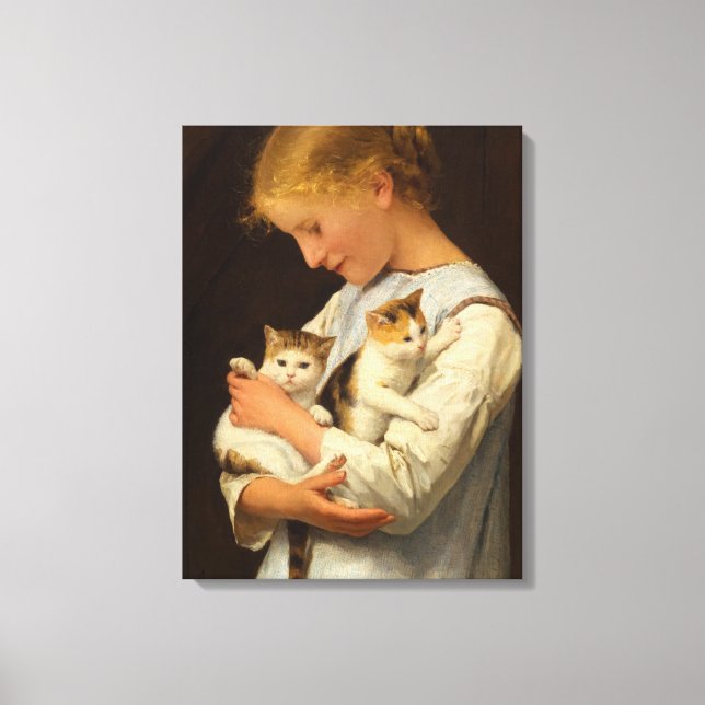 Girl with Two Cats, 1888 by Albert Anker Canvastryck (Framsida)