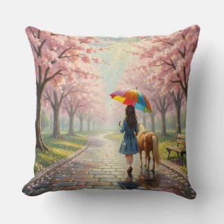 Girl with Umbrella and Pony in Park Throw Pillow Kudde