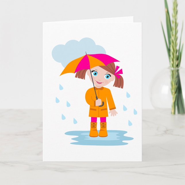Girl with Umbrella in Rain Kids Rainy Day Kort (Skapare uppladdad)
