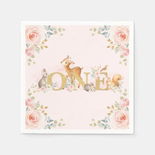 Girl Woodland 1st Birthday Rosa Guld Blommigt Pappersservett