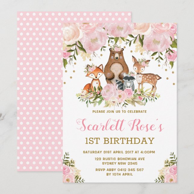 Girl Woodland 1st Birthday Rosa Guld Blommigt Part Inbjudningar (Fram/baksida)