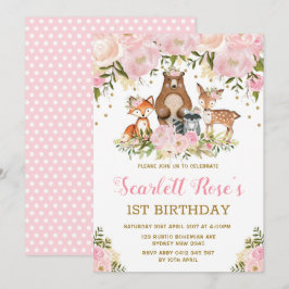 Girl Woodland 1st Birthday Rosa Guld Blommigt Part Inbjudningar