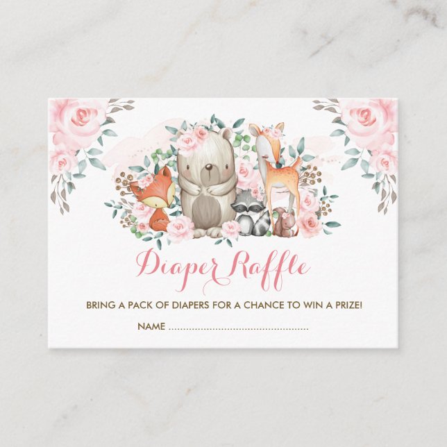 Girl Woodland Rosa ros Baby djur Diaper Raffle Tilläggskort (Framsida)